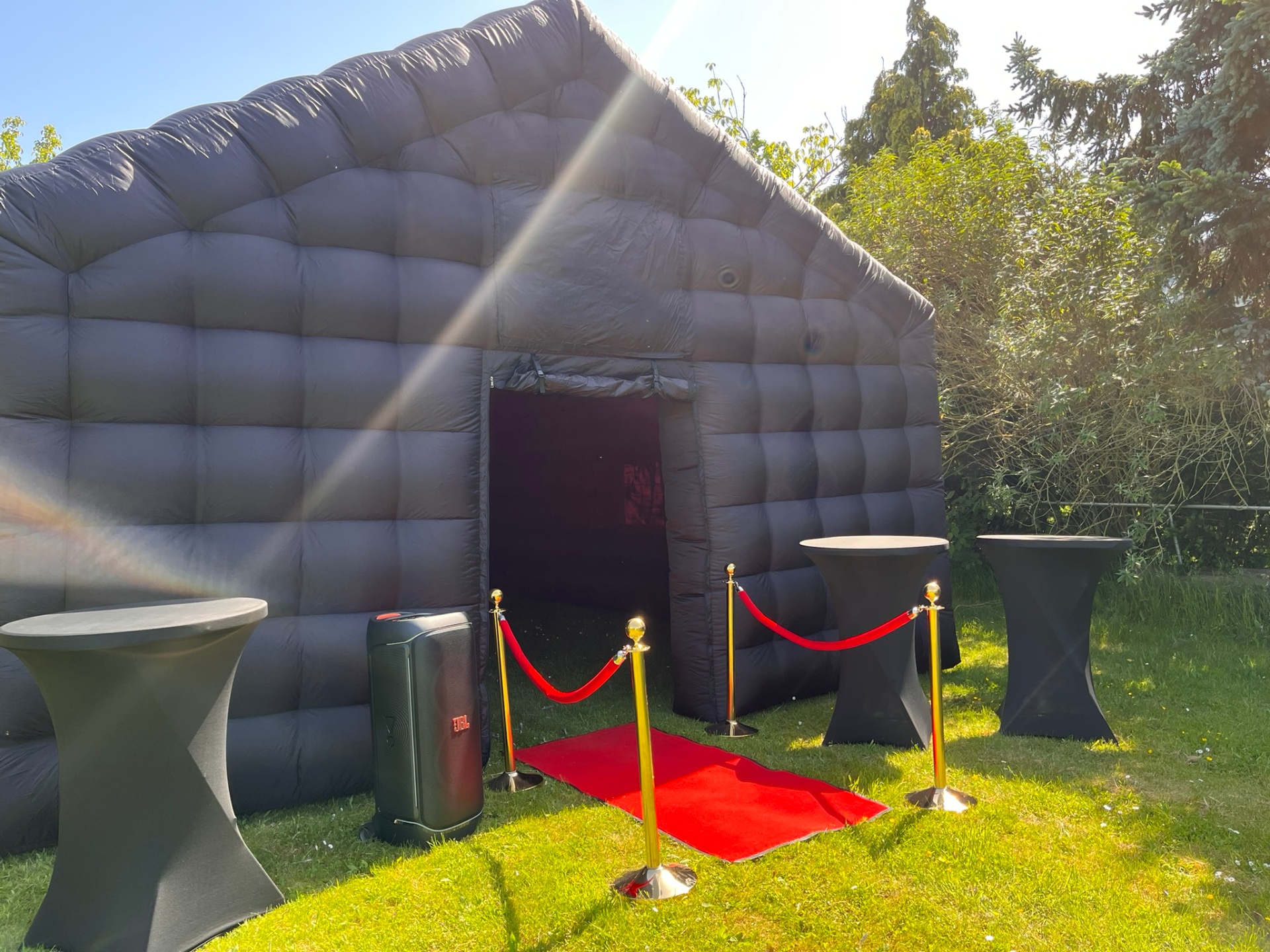 Luxe zwarte nachtclub-tent met rode loper en gouden paaltjes in de tuin